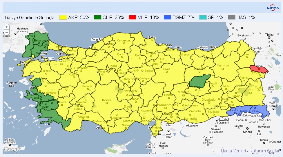  

Bu harita 12 Haziran 2011 Genel Seçim sonuçlarının Türkiye haritası üzerindeki partilere göre dağılımı temsil ediyor. 

renklendirme : Google 
 