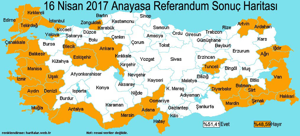 Bu harita 16 Nisan 2017 Türkiye Anayasa Değişikliği Referandumu Halk Oylaması Sonuçlarını illere göre tercih dağılımlarını göstermektedir.