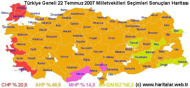  

Bu harita 22 Temmuz 2007 seçim sonuçlarının Türkiye haritası üzerinde gösterimi temsil ediyor.

renklendirme : Uğur Akgöz / www.haritalar.web.tr 
 