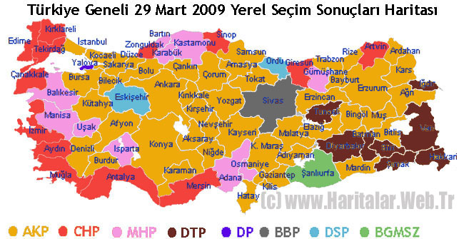  

Bu harita 29 Mart 2009 Yerel Seçim sonuçlarının Türkiye haritası üzerindeki partilere göre dağılımı temsil ediyor. 

renklendirme : Uğur Akgöz / www.haritalar.web.tr 
 