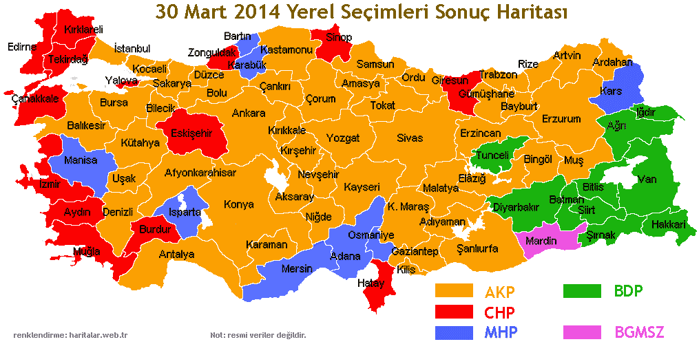  

Bu harita 30 Mart 2014 Yerel Seçim Sonuçlarının Türkiye haritası üzerinde kazanan partilere göre dağılımı temsil ediyor.
 