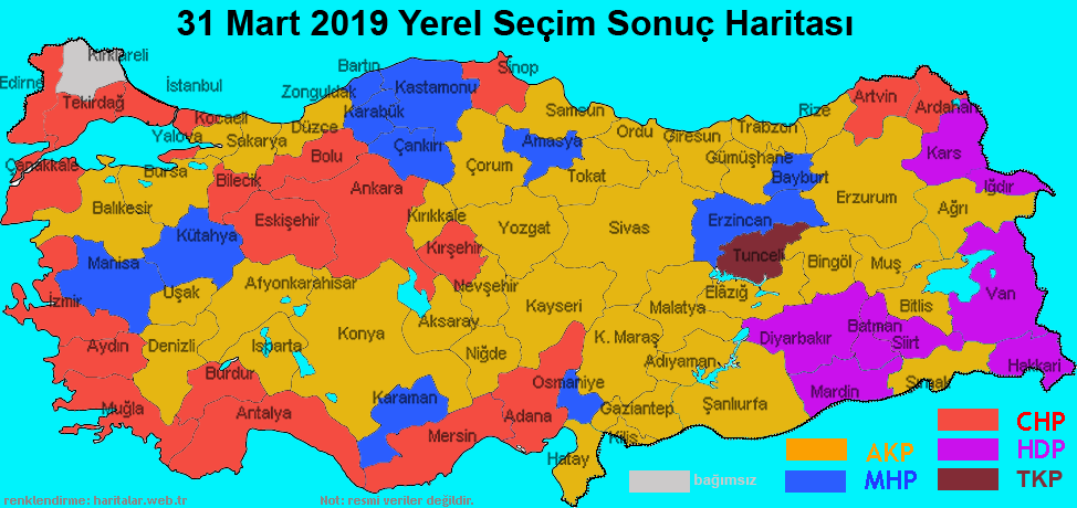 31 Mart 2019 Yerel Secim Sonuç Haritası - ittifak partilerin kazandıkları iller - Ekrem İmamoğlu / Binali Yıldırım