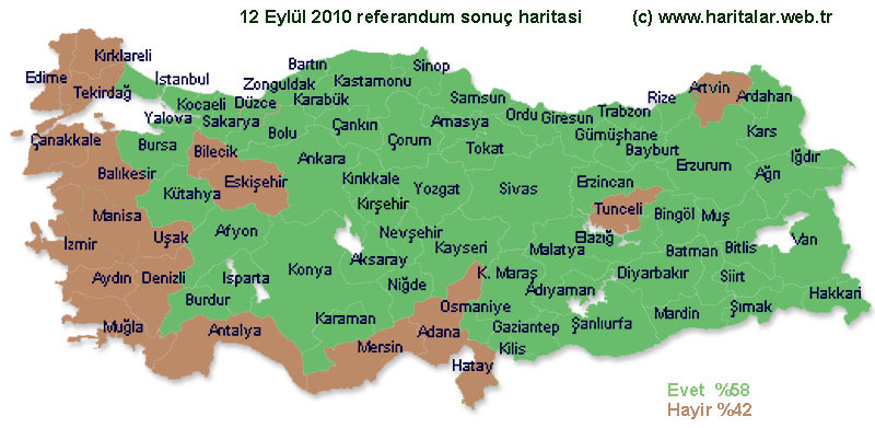  Bu harita Trkiye 12 Eyll 2010 Anayasa Referandum Oylama sonularnn Trkiye haritas zerindeki evet / hayr arlkl illerin dalm temsil ediyor. 
renklendirme : Uur Akgz / referandum sonucu / www.haritalar.web.tr 