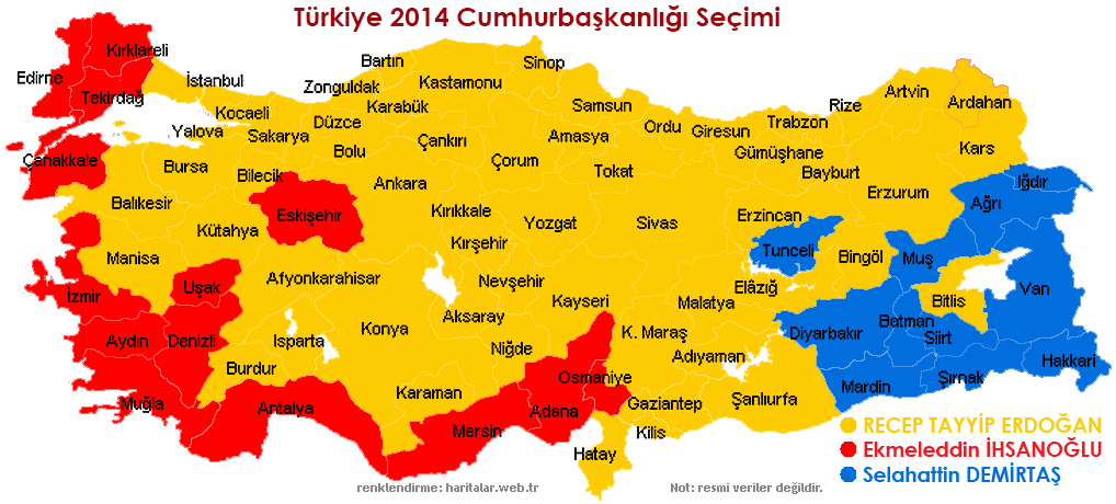  
Bu harita 10 Austos 2014 Cumhurbakanl Seimi Sonucunun Trkiye haritas zerinde illere gre tercih dalmn temsil ediyor.
 