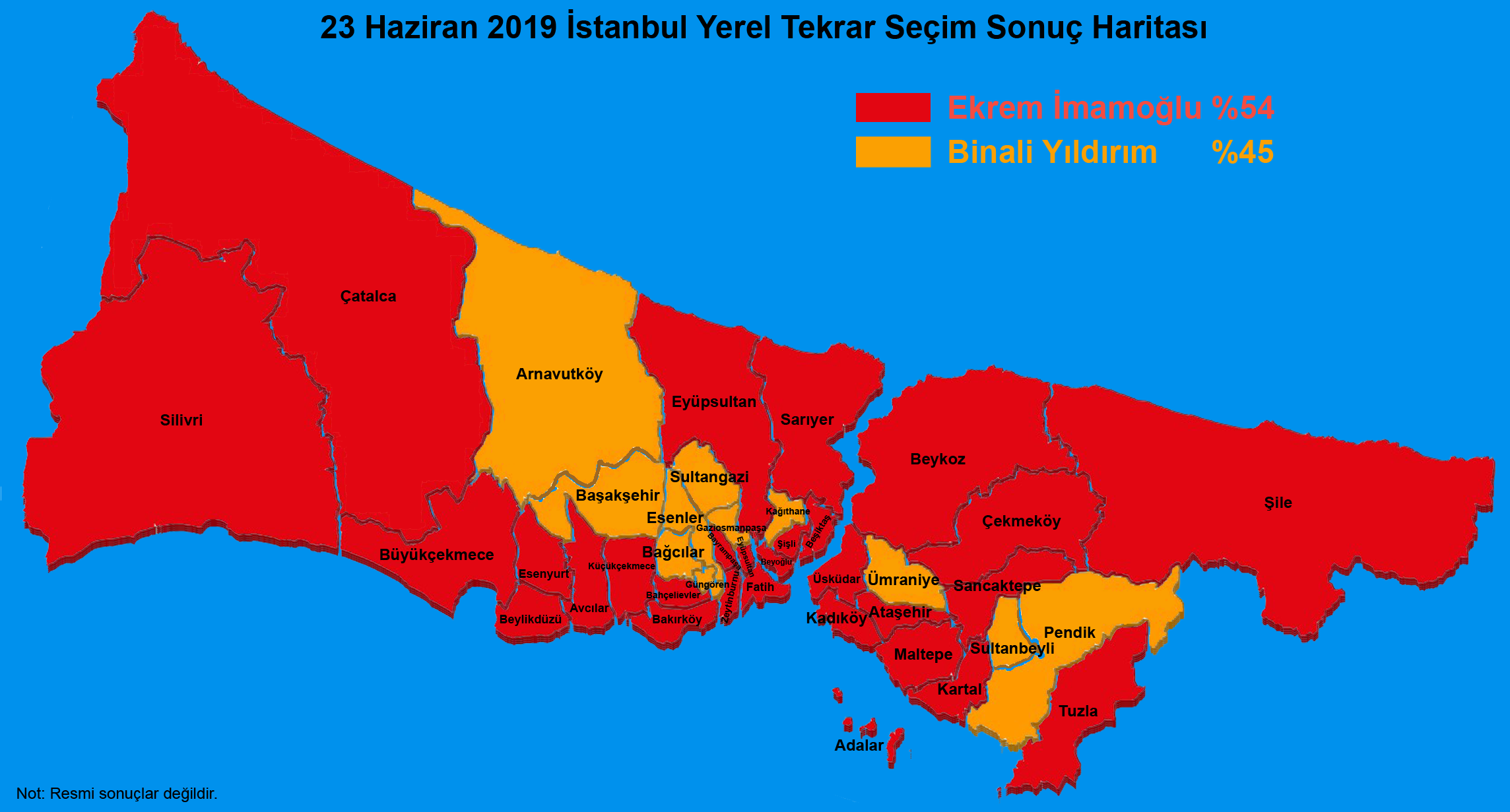 23 Haziran 2019 stanbul Yerel Tekrar Seim Sonu Haritas - partilerin ilelere dalm
