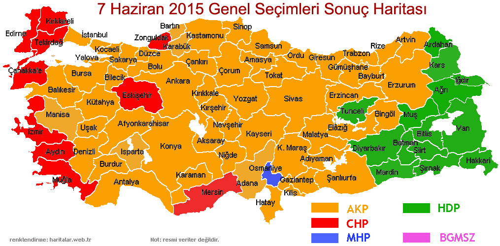  
Bu harita 7 Haziran 2015 Trkiye Genel Seimin Sonular Trkiye haritas zerinde illere gre tercih dalmn gstermektedir.
 