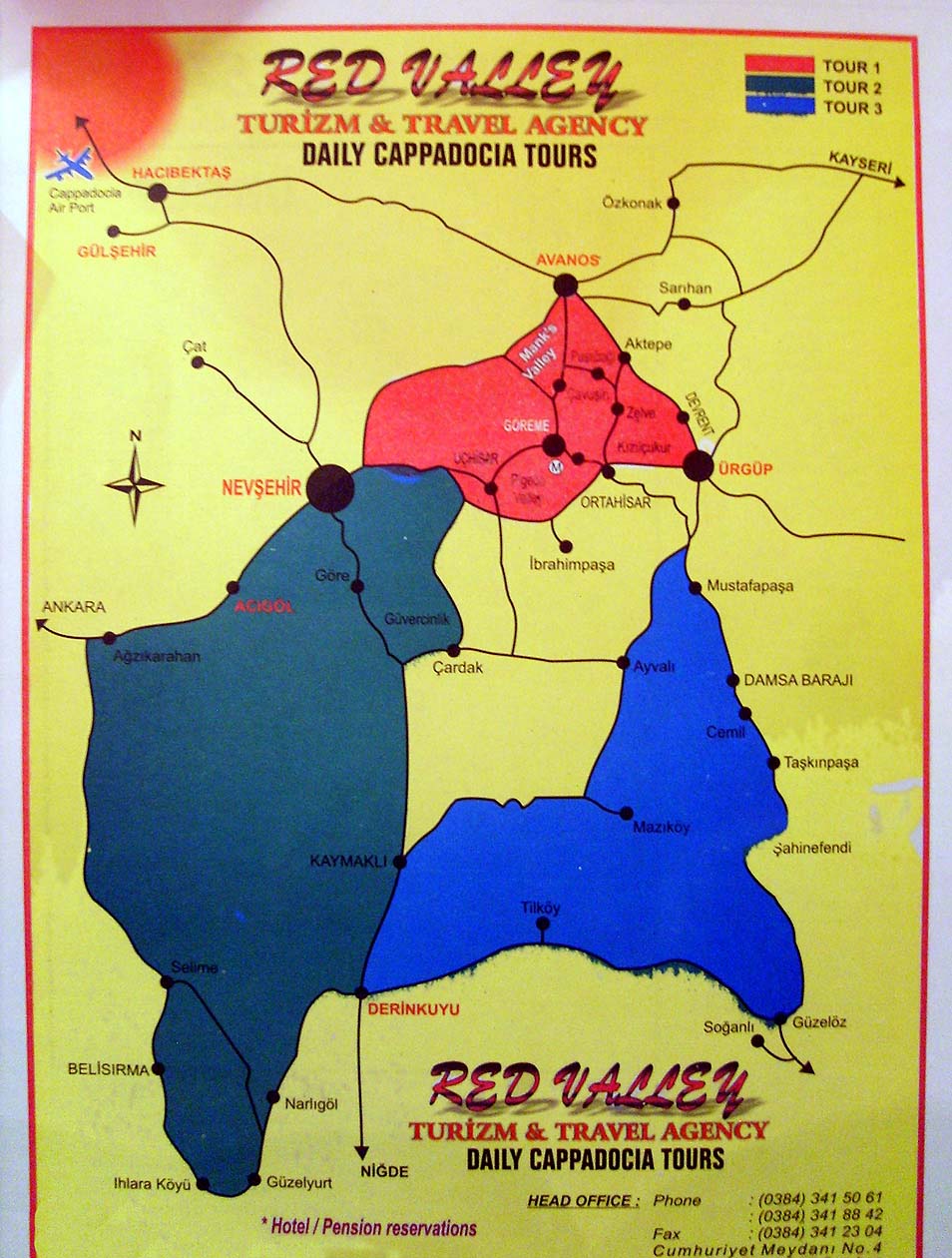 Kapadokya blgesi haritas zerinde gnlk (3 farkl renk) gezi turu seenekleri / Red Valley Travel